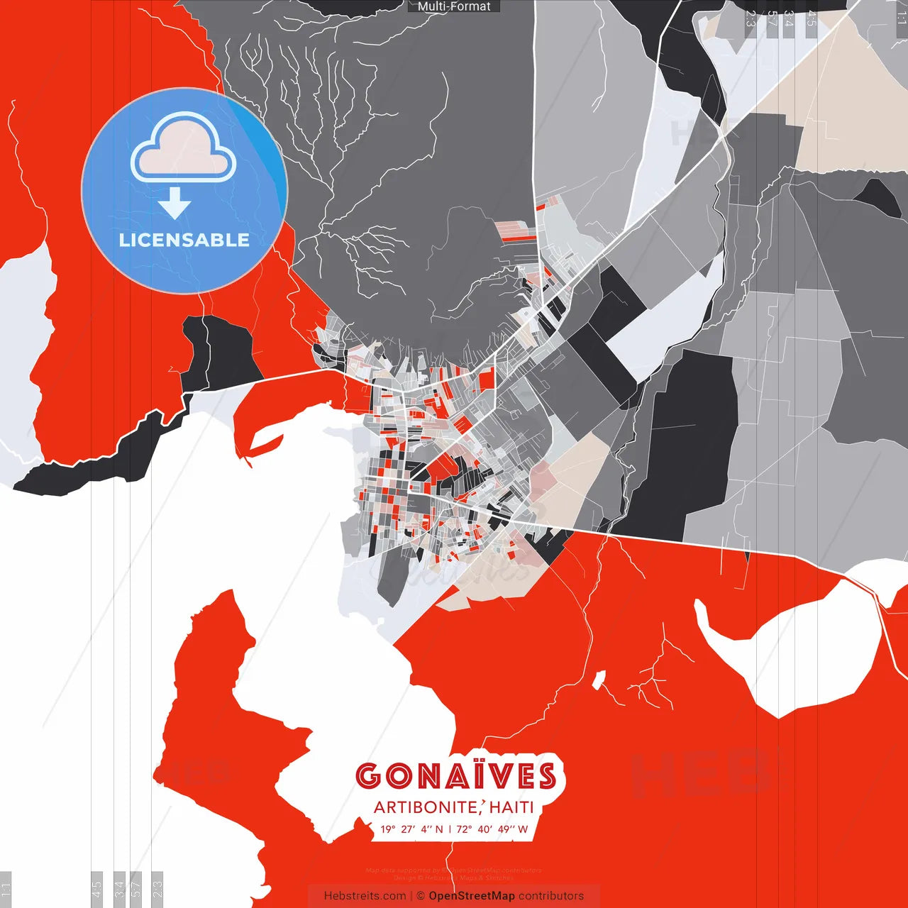 Gonaïves, Artibonite, Haiti - modern street map poster template with gray and red tones
