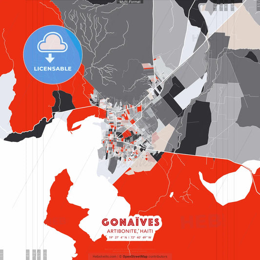 Gonaïves, Artibonite, Haiti - modern street map poster template with gray and red tones