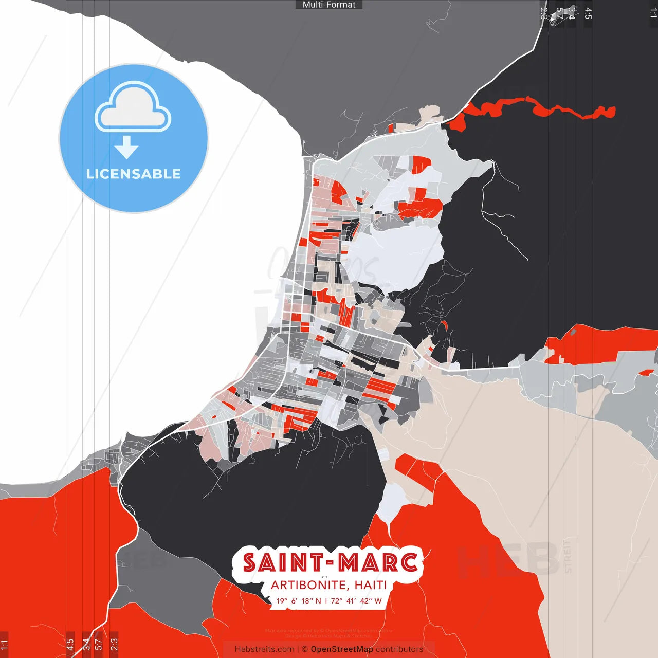 Saint-Marc, Artibonite, Haiti - modern street map poster template with gray and red tones