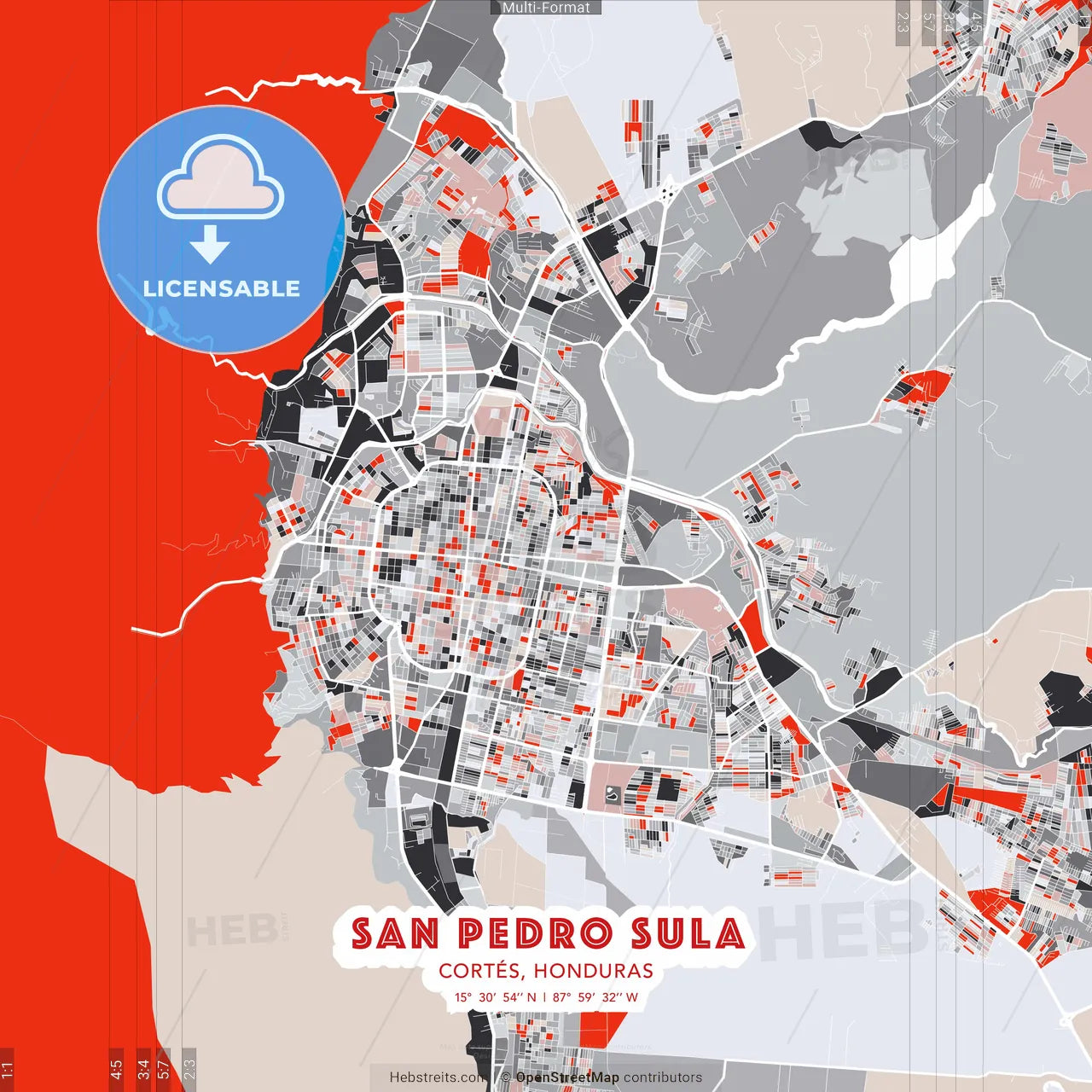San Pedro Sula, Cortés, Honduras - modern street map poster template with gray and red tones