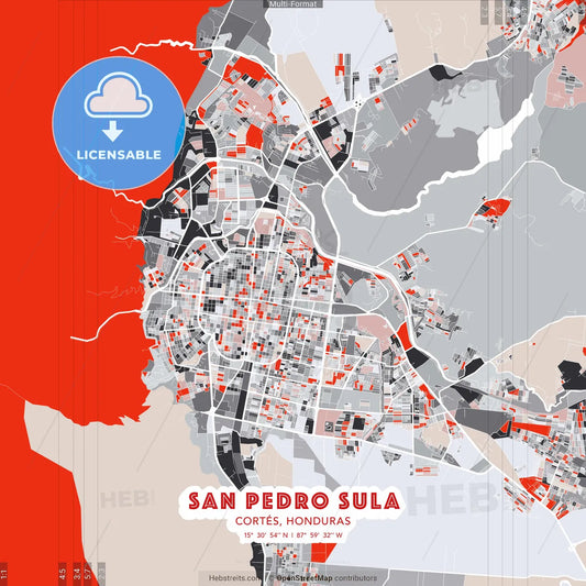 San Pedro Sula, Cortés, Honduras - modern street map poster template with gray and red tones