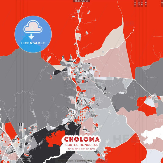 Choloma, Cortés, Honduras - modern street map poster template with gray and red tones