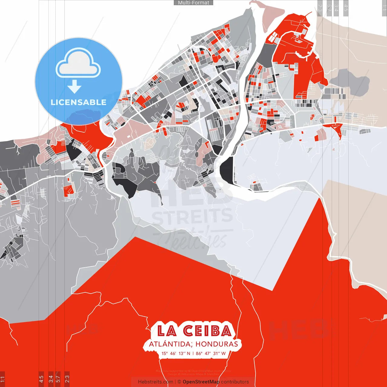 La Ceiba, Atlántida, Honduras - modern street map poster template with gray and red tones