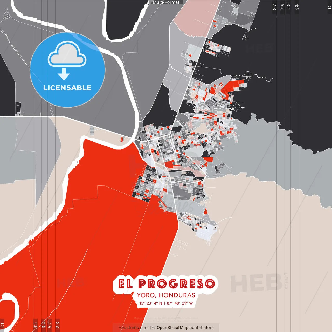 El Progreso, Yoro, Honduras - modern street map poster template with gray and red tones