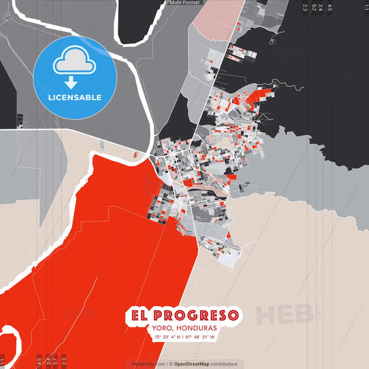 El Progreso, Yoro, Honduras - modern street map poster template with gray and red tones