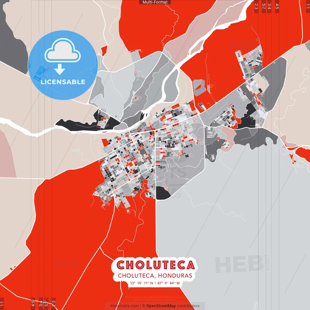 Choluteca, Choluteca, Honduras - modern street map poster template with gray and red tones