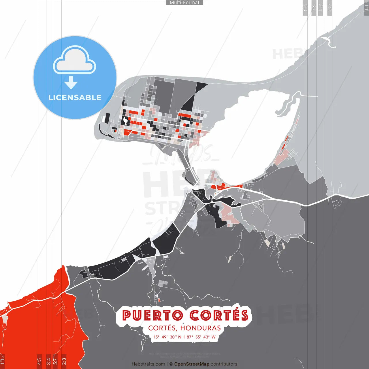 Puerto Cortés, Cortés, Honduras - modern street map poster template with gray and red tones