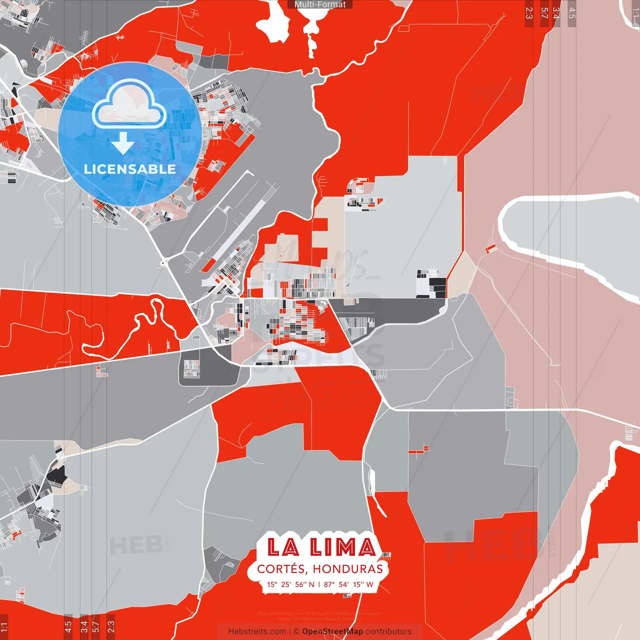 La Lima, Cortés, Honduras - modern street map poster template with gray and red tones