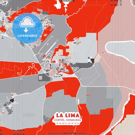 La Lima, Cortés, Honduras - modern street map poster template with gray and red tones