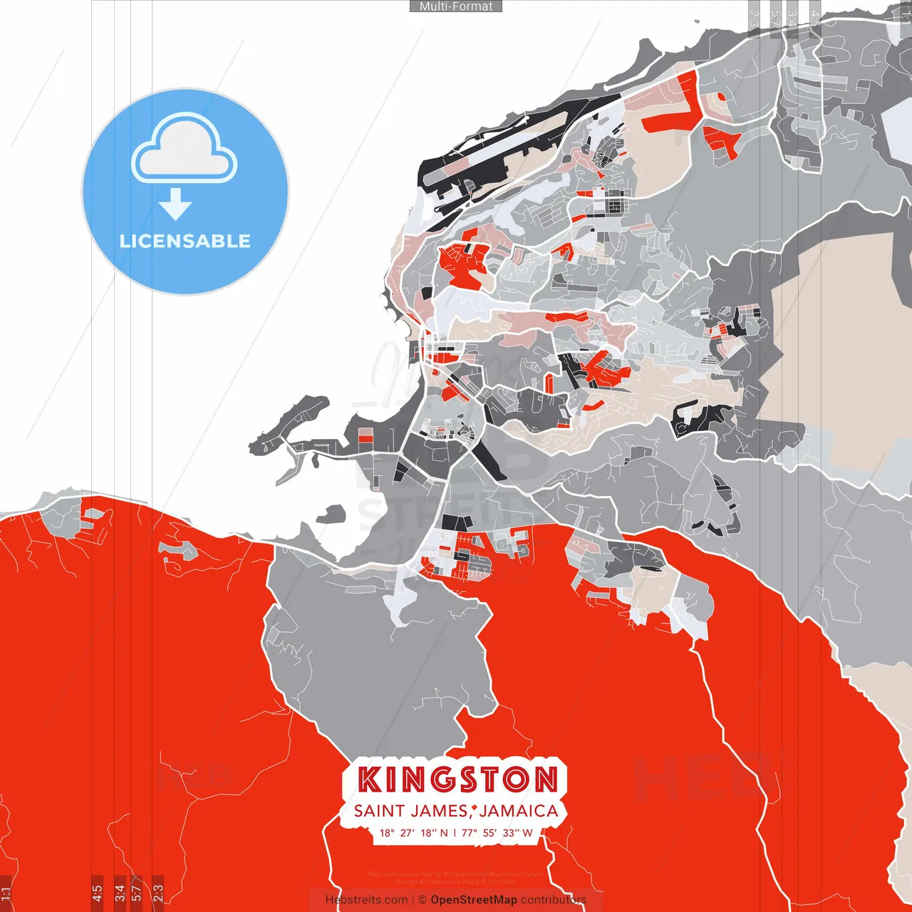 Kingston, Saint James, Jamaica - modern street map poster template with gray and red tones