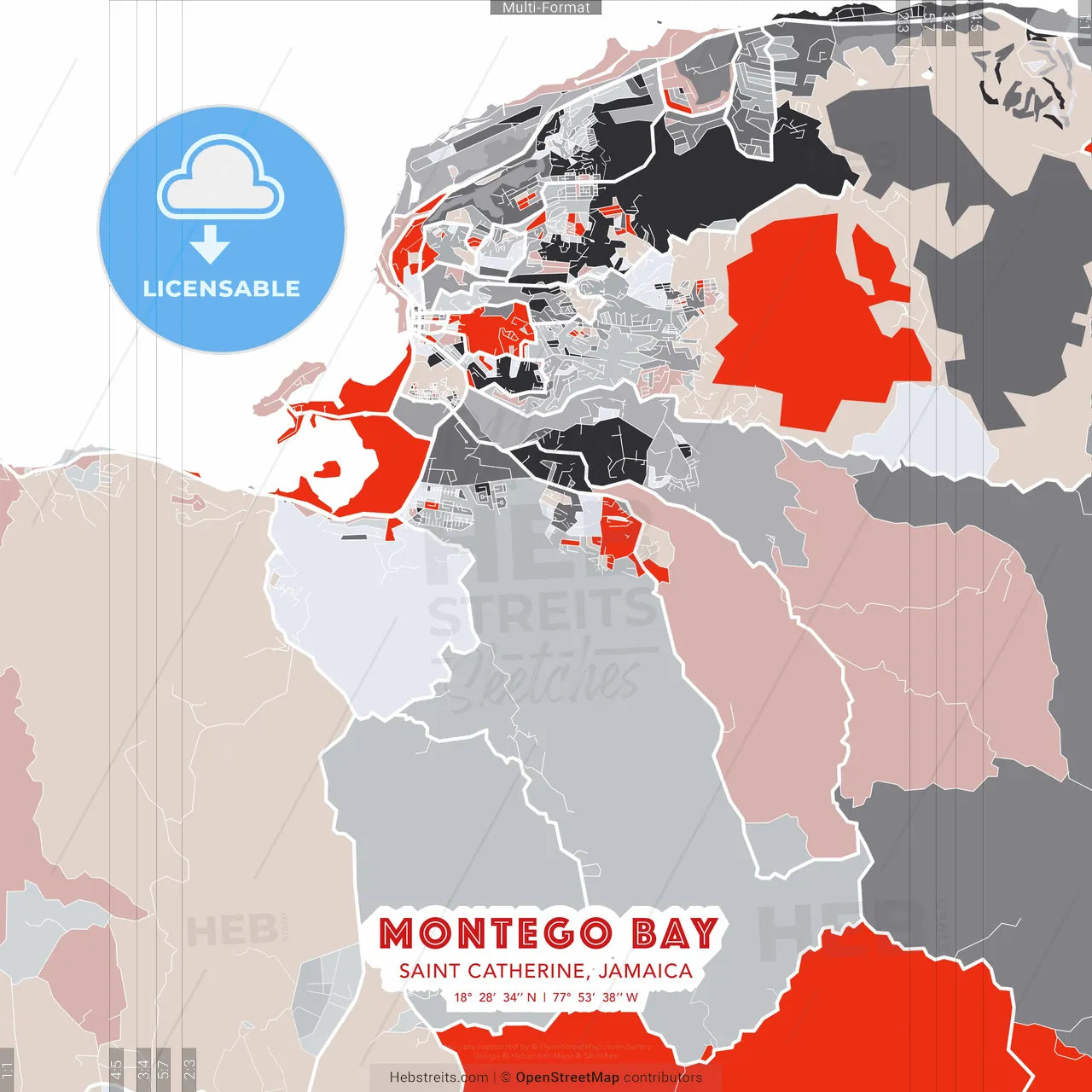 Montego Bay, Saint Catherine, Jamaica - modern street map poster template with gray and red tones