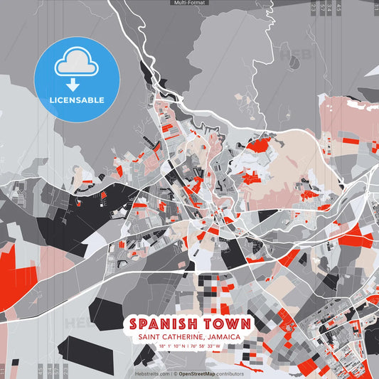 Spanish Town, Saint Catherine, Jamaica - modern street map poster template with gray and red tones