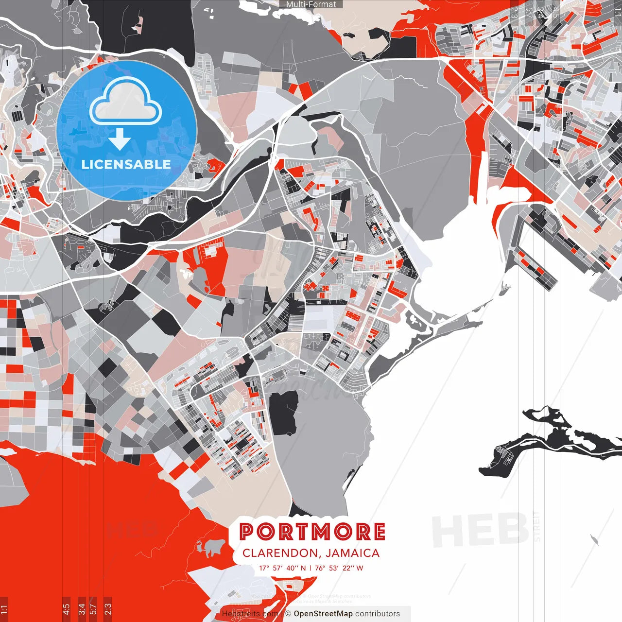 Portmore, Clarendon, Jamaica - modern street map poster template with gray and red tones
