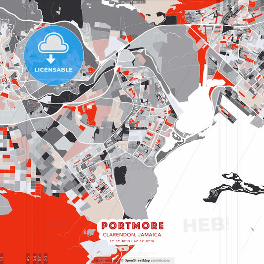 Portmore, Clarendon, Jamaica - modern street map poster template with gray and red tones