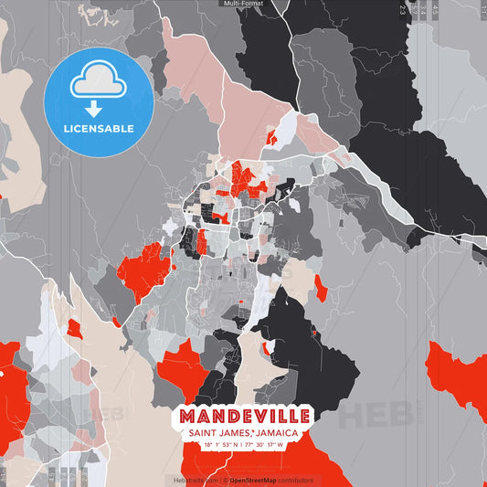 Mandeville, Saint James, Jamaica - modern street map poster template with gray and red tones