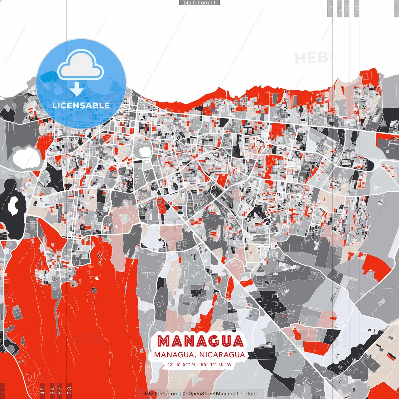 Managua, Managua, Nicaragua - modern street map poster template with gray and red tones