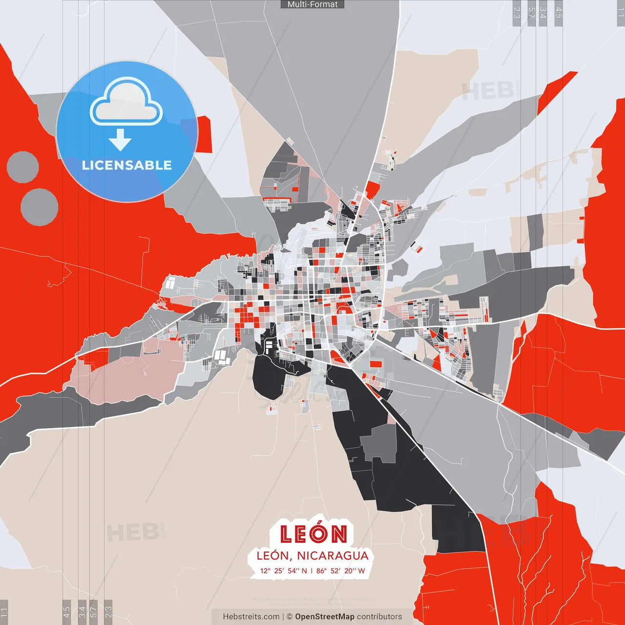 León, León, Nicaragua - modern street map poster template with gray and red tones