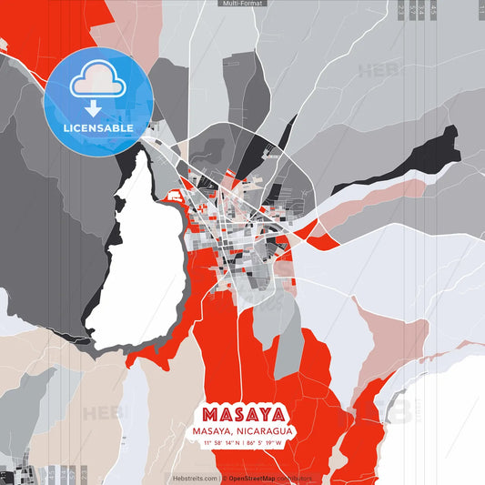 Masaya, Masaya, Nicaragua - modern street map poster template with gray and red tones