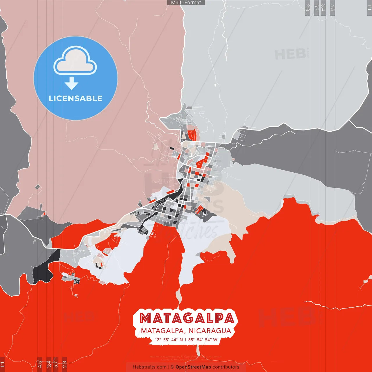 Matagalpa, Matagalpa, Nicaragua - modern street map poster template with gray and red tones
