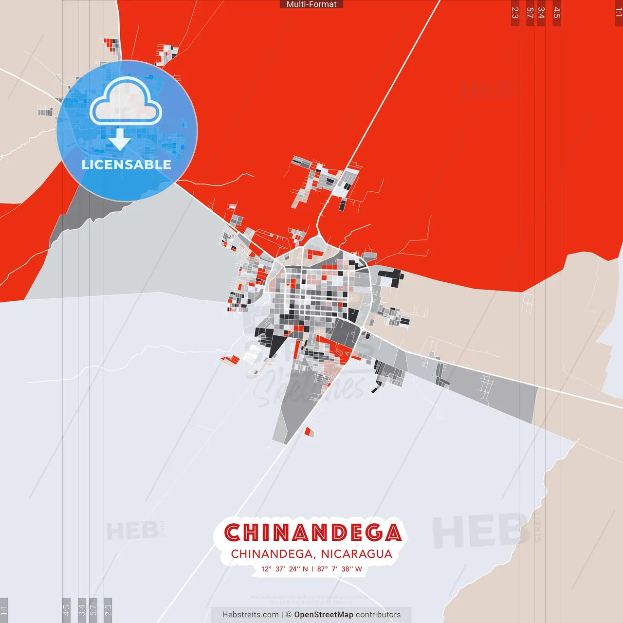 Chinandega, Chinandega, Nicaragua - modern street map poster template with gray and red tones