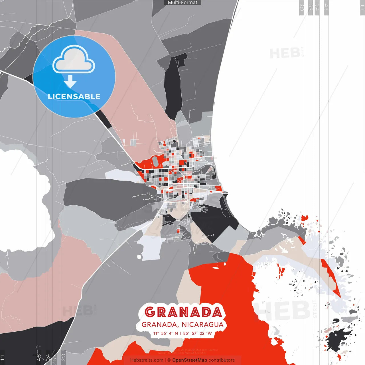Granada, Granada, Nicaragua - modern street map poster template with gray and red tones