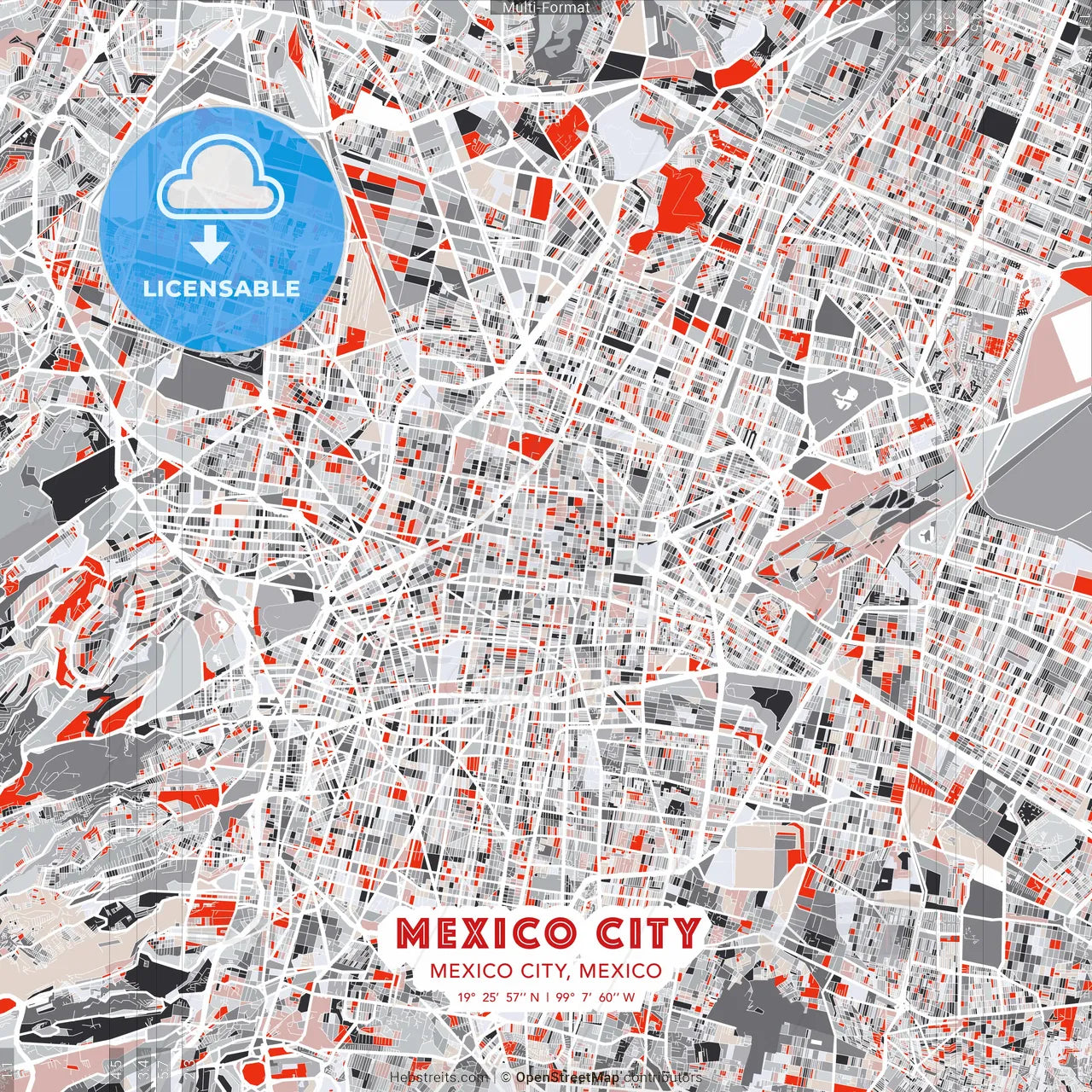 Mexico City, Mexico City, Mexico - modern street map poster template with gray and red tones