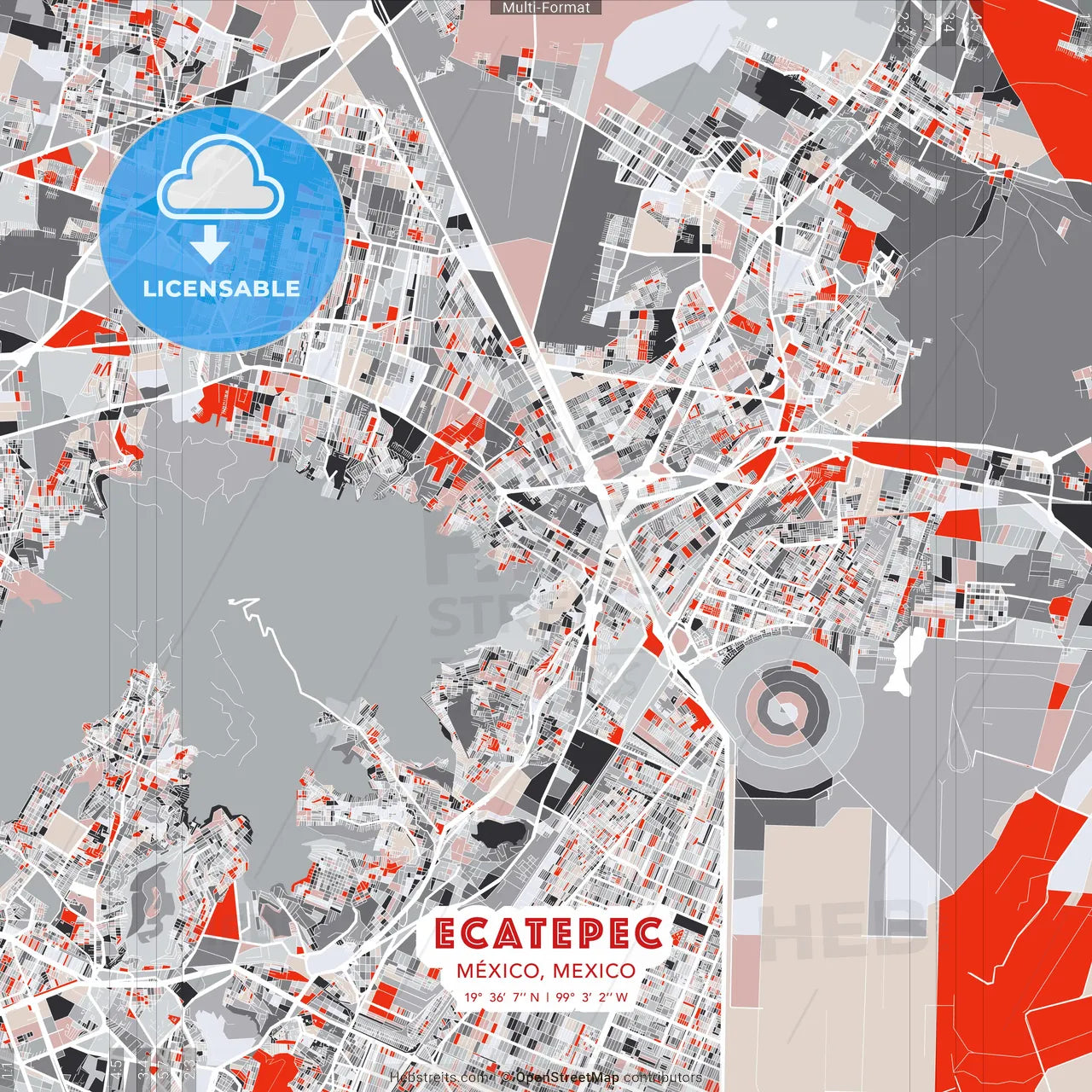 Ecatepec, México, Mexico - modern street map poster template with gray and red tones