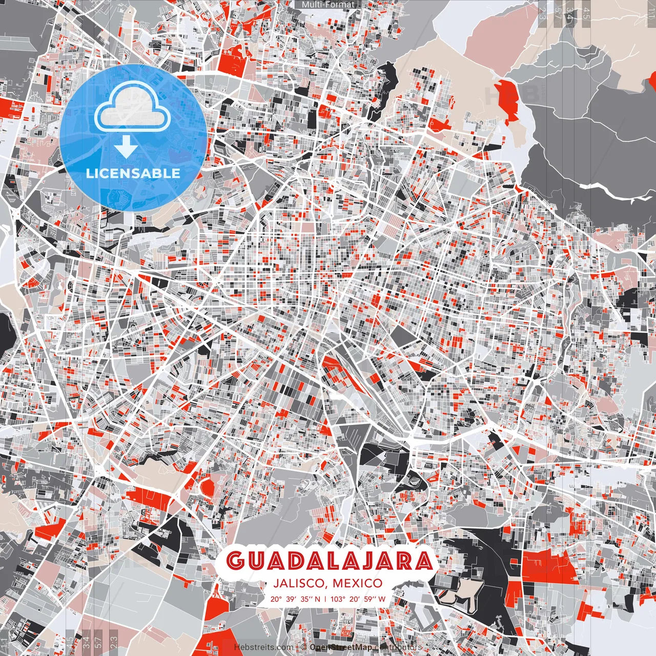 Guadalajara, Jalisco, Mexico - modern street map poster template with gray and red tones