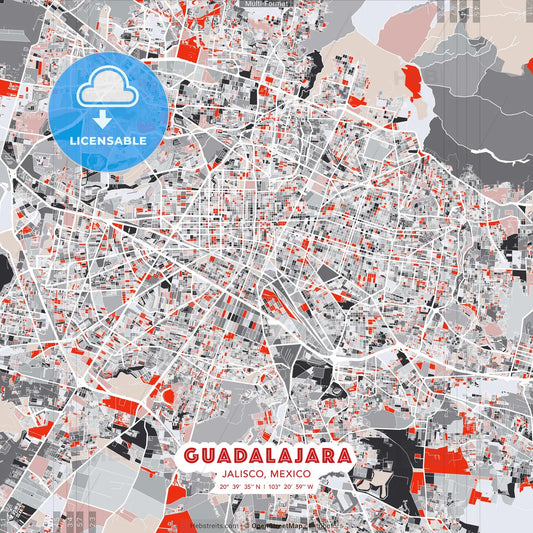 Guadalajara, Jalisco, Mexico - modern street map poster template with gray and red tones