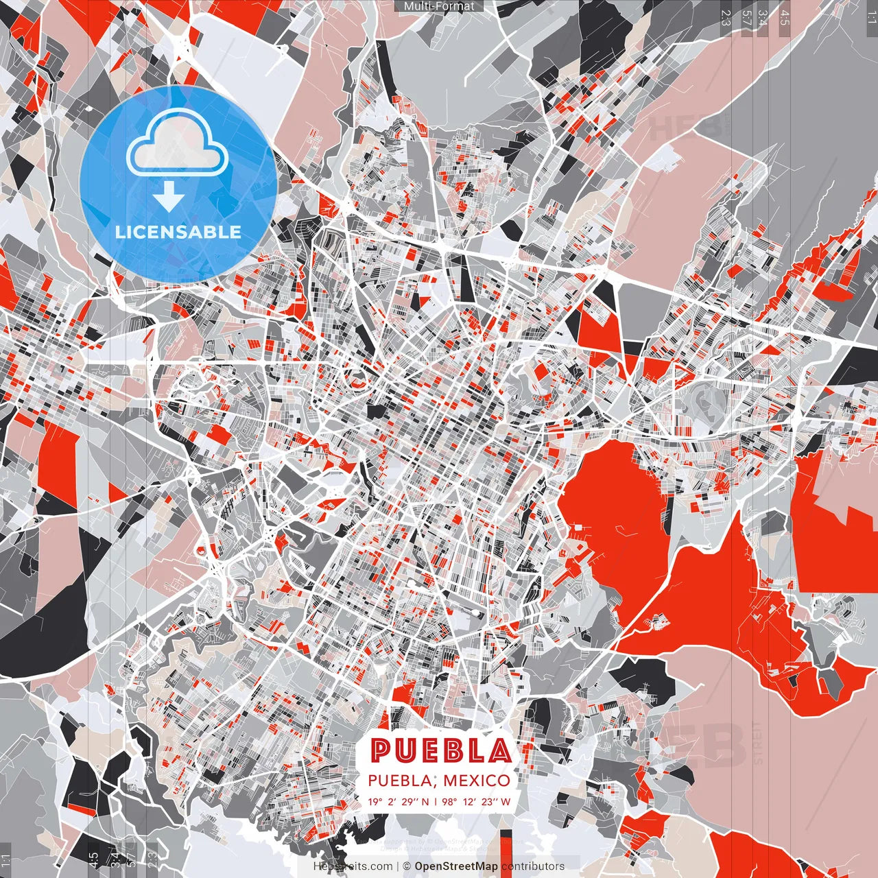 Puebla, Puebla, Mexico - modern street map poster template with gray and red tones