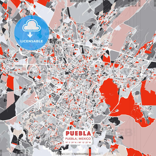Puebla, Puebla, Mexico - modern street map poster template with gray and red tones