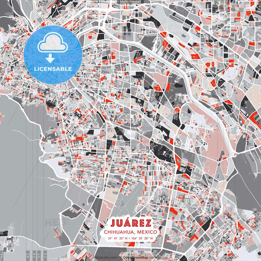 Juárez, Chihuahua, Mexico - modern street map poster template with gray and red tones