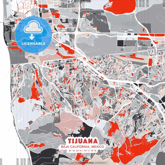 Tijuana, Baja California, Mexico - modern street map poster template with gray and red tones