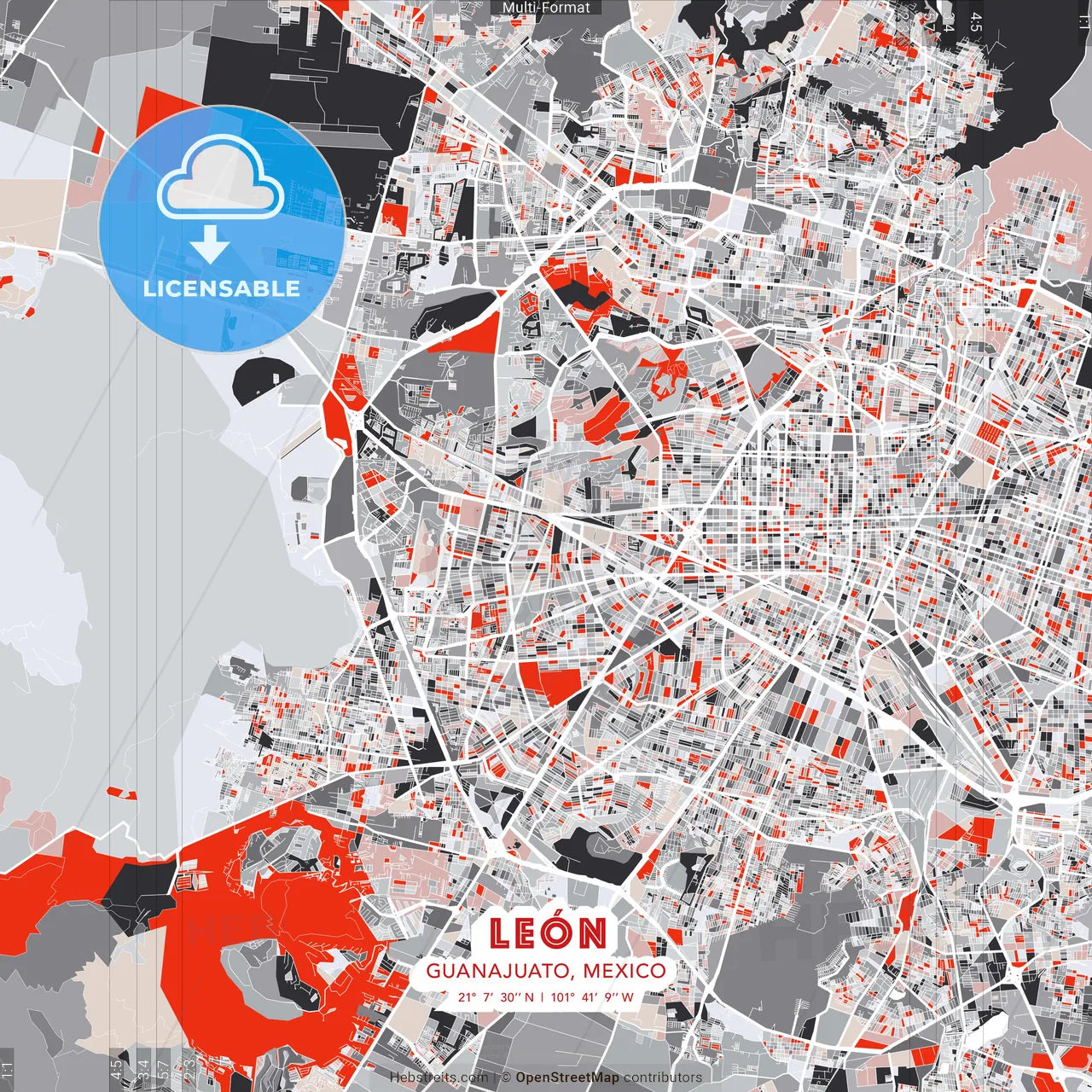 León, Guanajuato, Mexico - modern street map poster template with gray and red tones