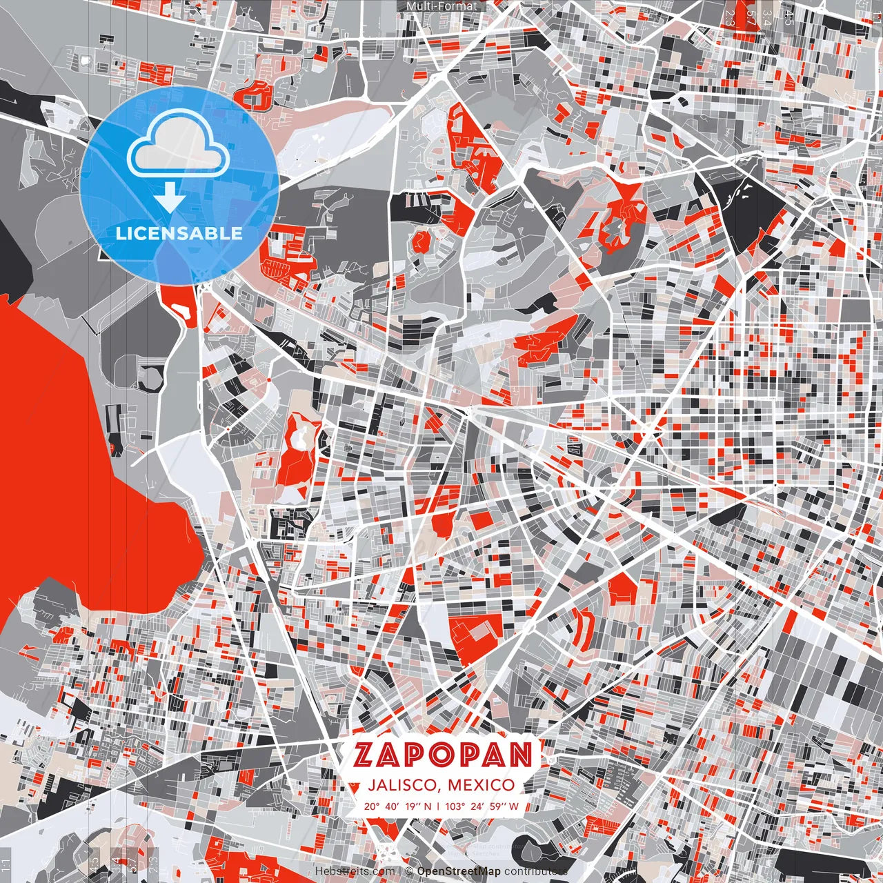Zapopan, Jalisco, Mexico - modern street map poster template with gray and red tones