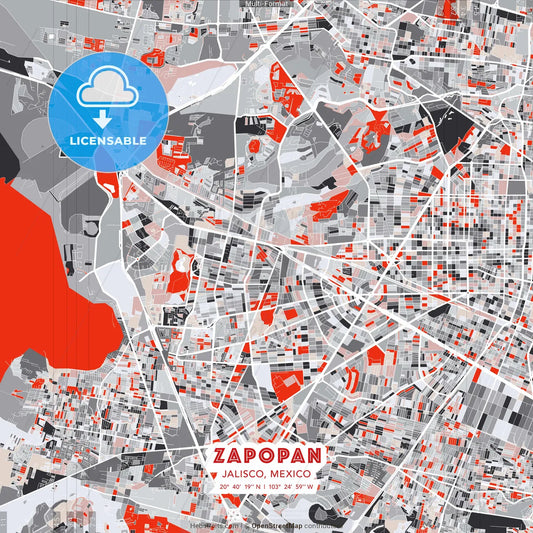 Zapopan, Jalisco, Mexico - modern street map poster template with gray and red tones