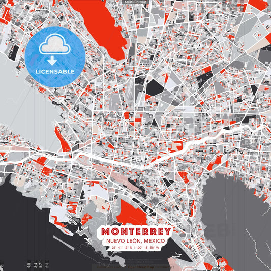 Monterrey, Nuevo León, Mexico - modern street map poster template with gray and red tones