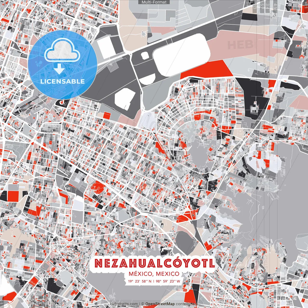 Nezahualcóyotl, México, Mexico - modern street map poster template with gray and red tones