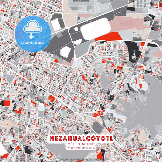 Nezahualcóyotl, México, Mexico - modern street map poster template with gray and red tones