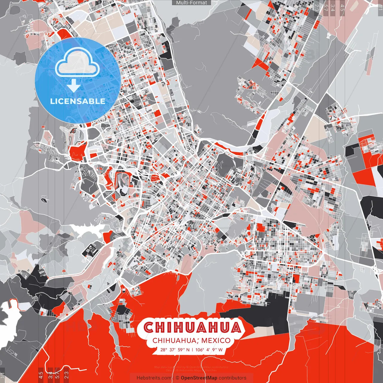 Chihuahua, Chihuahua, Mexico - modern street map poster template with gray and red tones