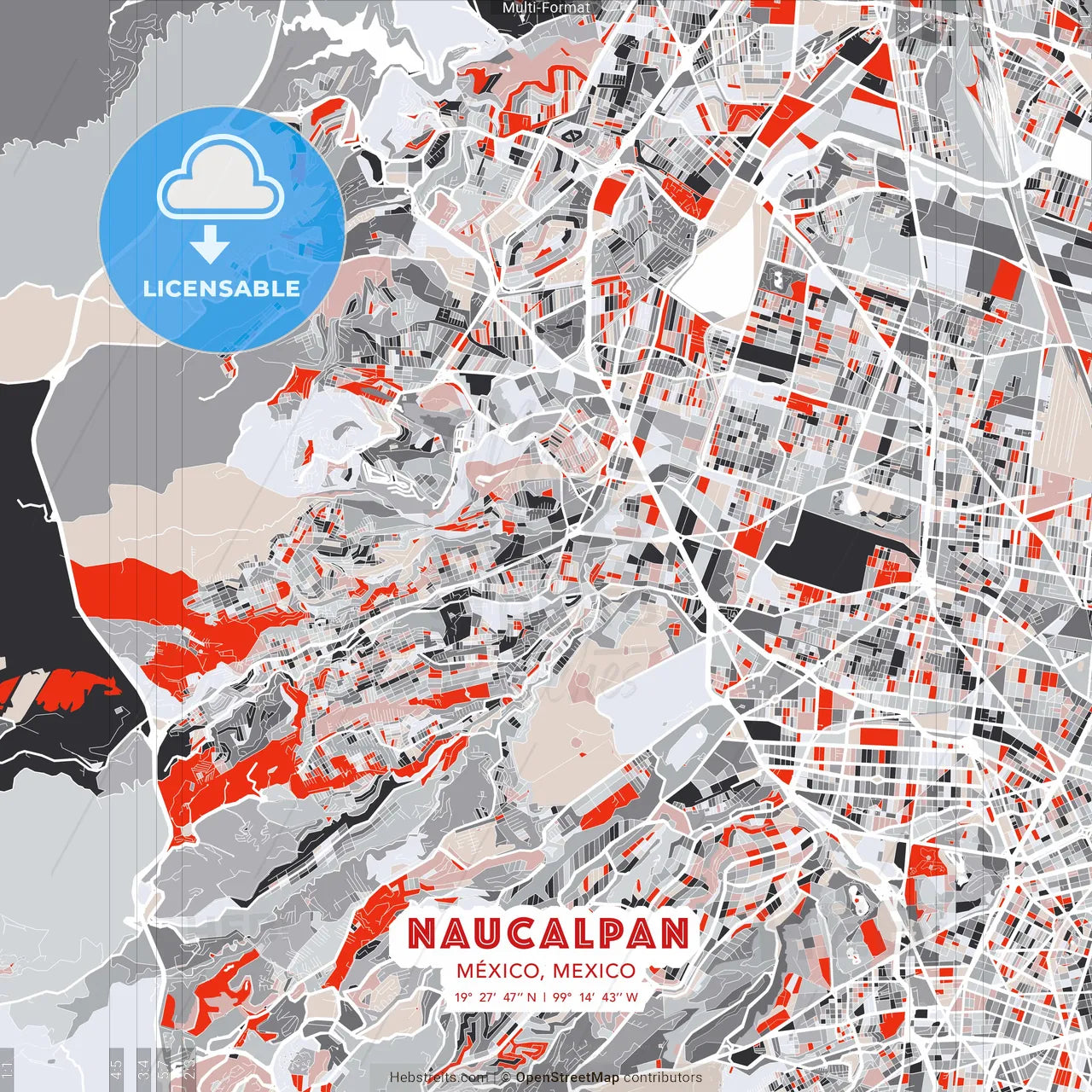 Naucalpan, México, Mexico - modern street map poster template with gray and red tones