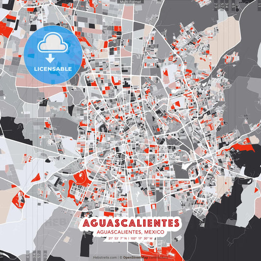 Aguascalientes, Aguascalientes, Mexico - modern street map poster template with gray and red tones