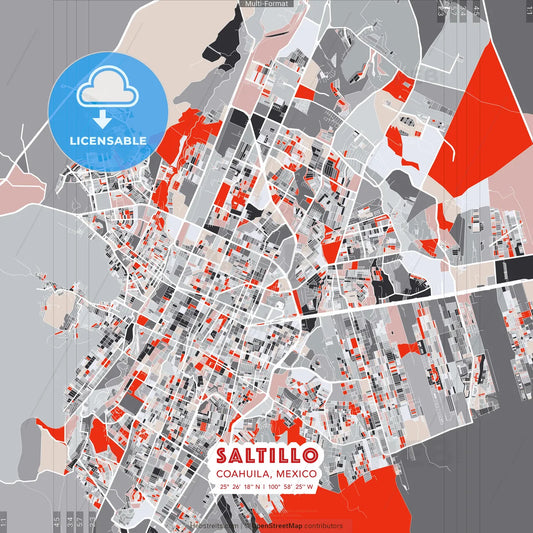 Saltillo, Coahuila, Mexico - modern street map poster template with gray and red tones