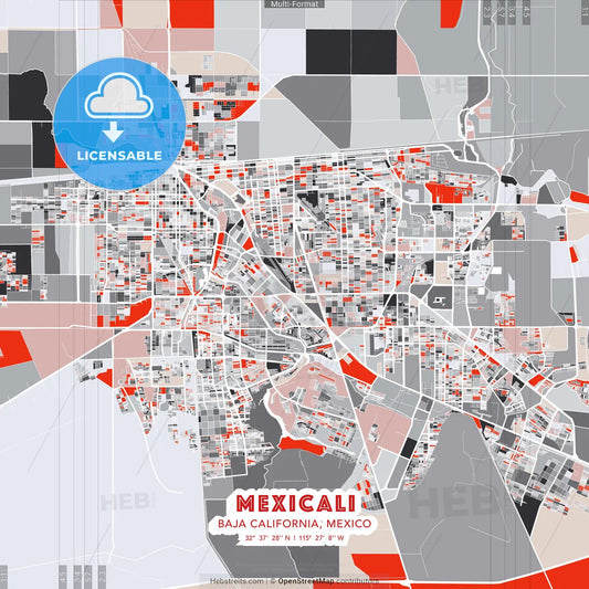 Mexicali, Baja California, Mexico - modern street map poster template with gray and red tones