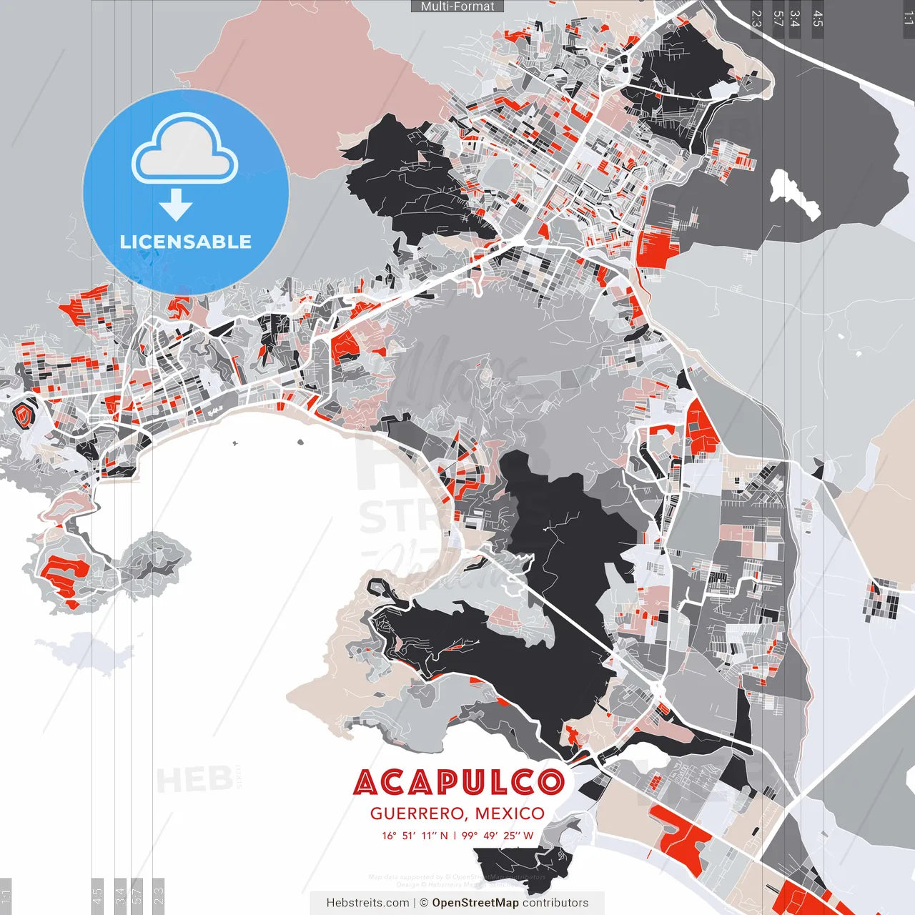 Acapulco, Guerrero, Mexico - modern street map poster template with gray and red tones