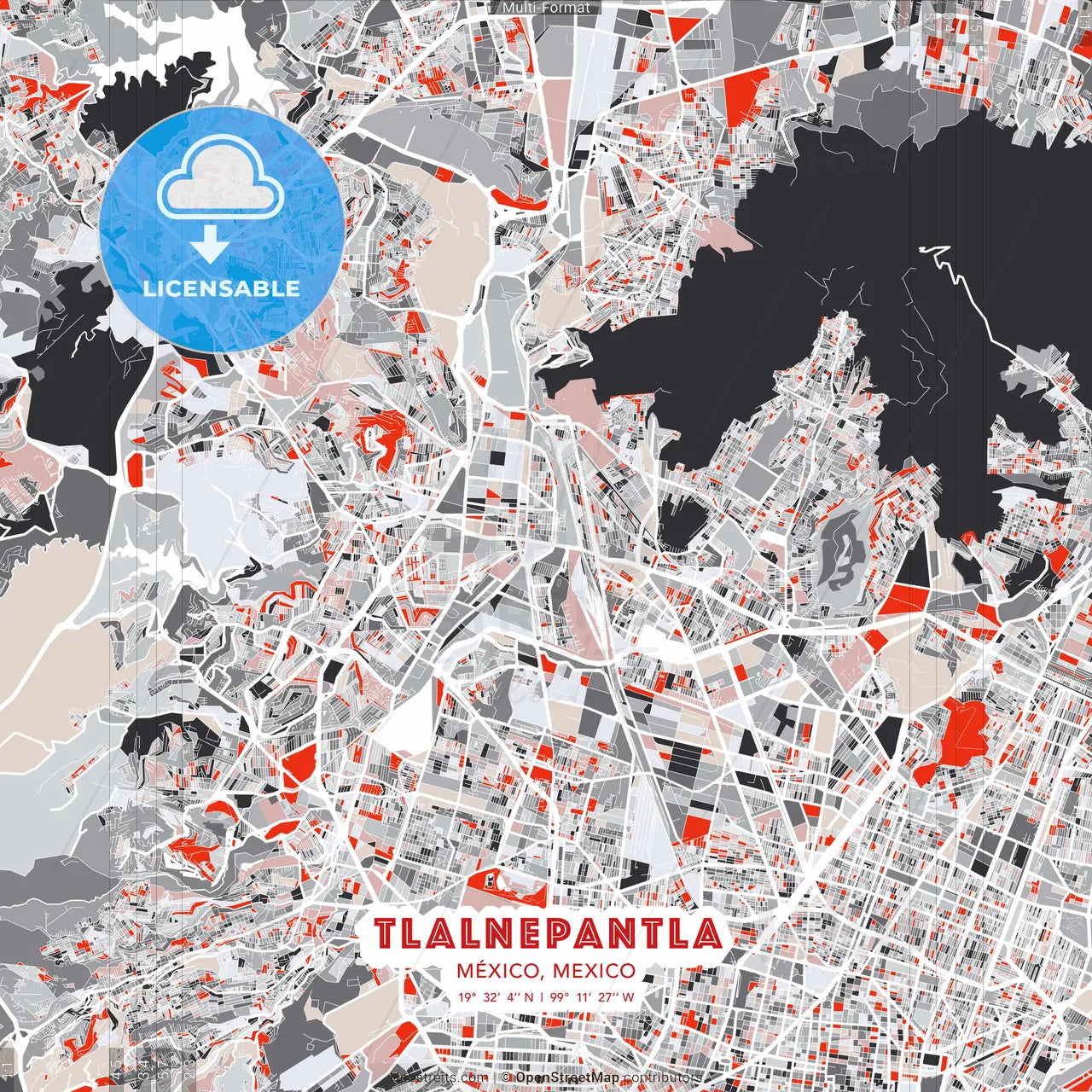 Tlalnepantla, México, Mexico - modern street map poster template with gray and red tones