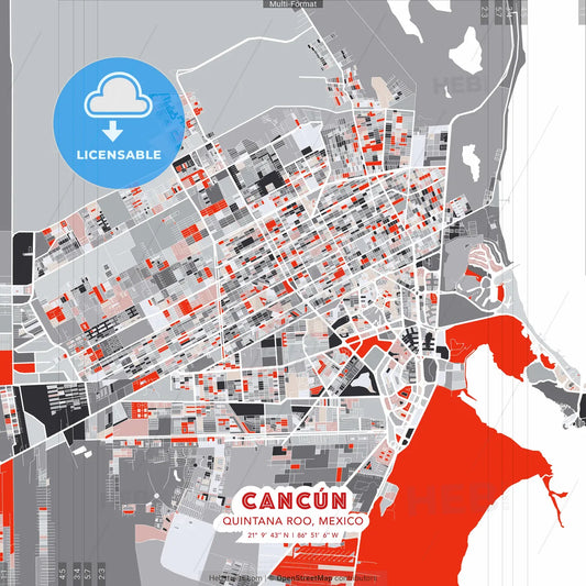 Cancún, Quintana Roo, Mexico - modern street map poster template with gray and red tones