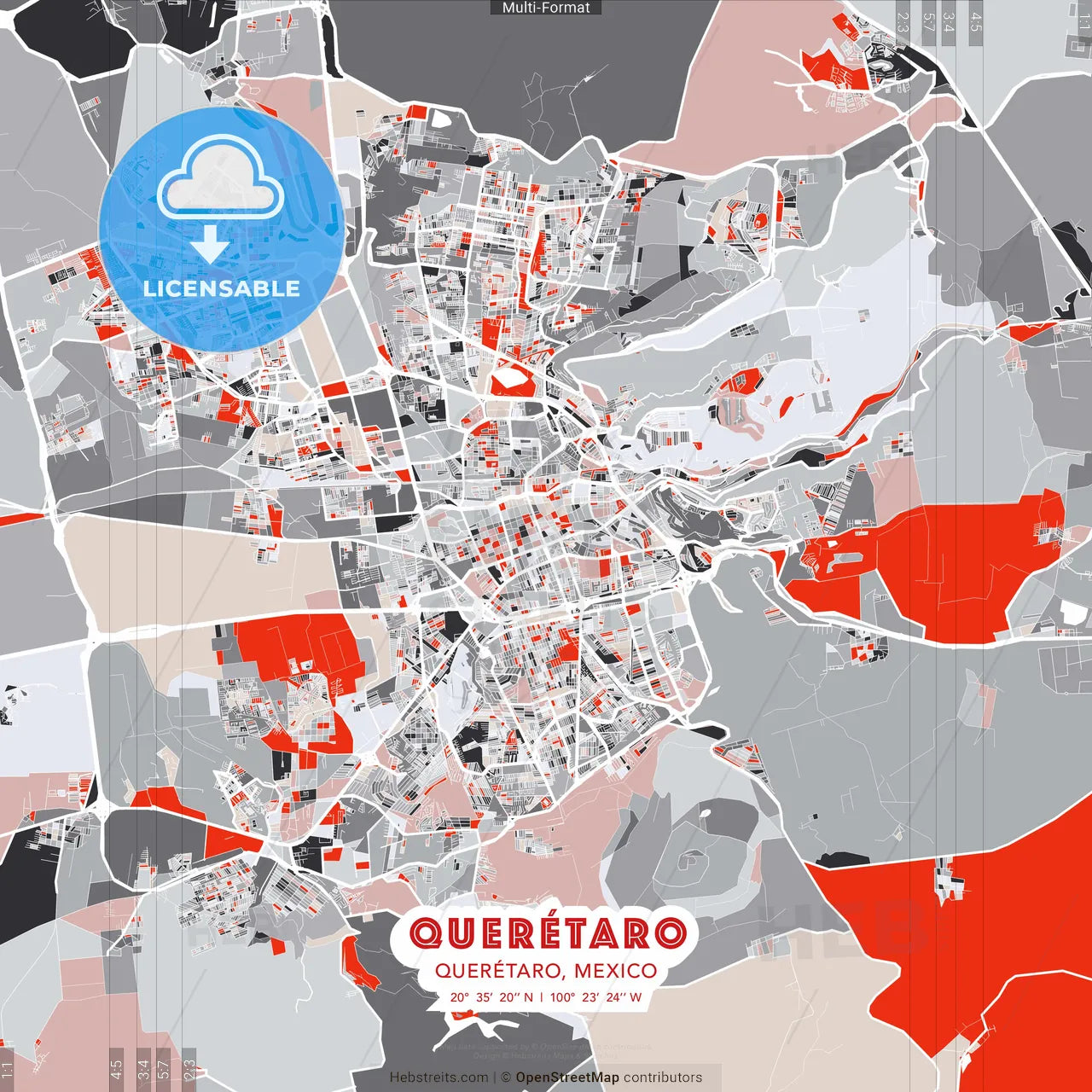 Querétaro, Querétaro, Mexico - modern street map poster template with gray and red tones