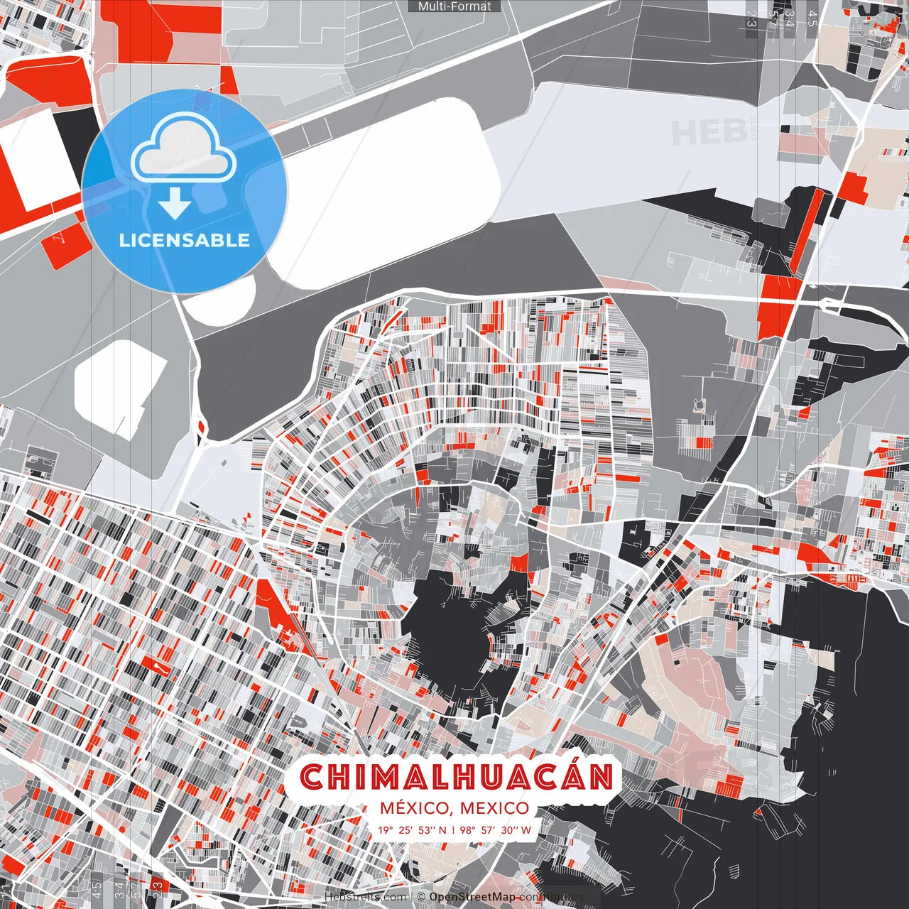 Chimalhuacán, México, Mexico - modern street map poster template with gray and red tones