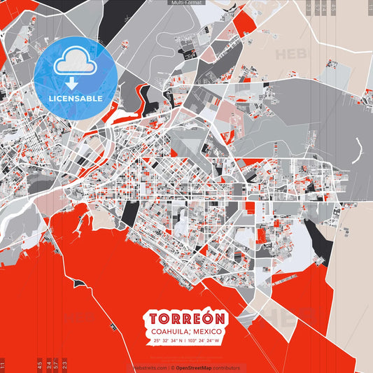 Torreón, Coahuila, Mexico - modern street map poster template with gray and red tones